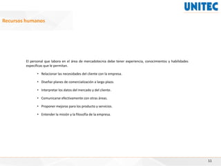 11
Recursos humanos
El personal que labora en el área de mercadotecnia debe tener experiencia, conocimientos y habilidades
específicas que le permitan.
• Relacionar las necesidades del cliente con la empresa.
• Diseñar planes de comercialización a largo plazo.
• Interpretar los datos del mercado y del cliente.
• Comunicarse efectivamente con otras áreas.
• Proponer mejoras para los producto y servicios.
• Entender la misión y la filosofía de la empresa.
 