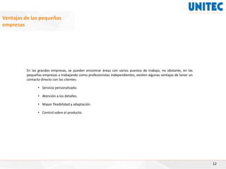 12
Ventajas de las pequeñas
empresas
En las grandes empresas, se pueden encontrar áreas con varios puestos de trabajo, no obstante, en las
pequeñas empresas o trabajando como profesionistas independientes, existen algunas ventajas de tener un
contacto directo con los clientes:
• Servicio personalizado.
• Atención a los detalles.
• Mayor flexibilidad y adaptación.
• Control sobre el producto.
 
