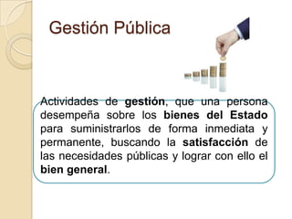 Gestión Pública



Actividades de gestión, que una persona
desempeña sobre los bienes del Estado
para suministrarlos de forma inmediata y
permanente, buscando la satisfacción de
las necesidades públicas y lograr con ello el
bien general.
 