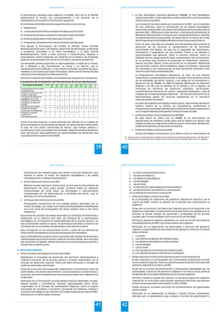 39
Estado y Gestión Pública
la información necesaria para elaborar el PLADES. Para tal fin el CEPLAN
determinará la forma, los procedimientos y los alcances de la
transferencia de los datos e información requerida.
El contenido del PLADES tendrá la siguiente estructura mínima:
i) Diagnóstico
ii) Lineamientos de Política de Desarrollo Nacional 2010-2021.
iii) Políticas Sectoriales e Intersectoriales Nacionales 2010-2021.
iv) Políticas Regionales e Interregionales 2010-2021.
v) Programas y Proyectos Prioritarios de Desarrollo Nacional.
Para apoyar la formulación del PLADES, el CEPLAN, creara Comités
Multidisciplinarios para: i) El análisis y desarrollo de estrategias, programas
y proyectos vinculados a un tema estratégico, y ii) Cada Comité
Multidisciplinario, tanto a nivel sectorial o intersectorial, regional o
interregional, estará integrado por expertos en la materia, de entidades
públicas, de la sociedad civil, del sector privado y del sector académico.
Las entidades públicas asumirán la responsabilidad, a través de su titular,
de: i) Designar a dos funcionarios, un titular y un alterno, que lo
representará ante el CEPLAN, y ii) De remitir al CEPLAN, los planes de largo,
mediano y corto plazo que hayan formulado, dentro de los treinta (30) días
calendario de publicada la presente Directiva.
Para la formulación del PLADES, se ha establecido el siguiente cronograma:
Cronograma de formulación del Plan Nacional de Desarrollo Nacional
Como se puede observar, la tarea asumida por CEPLAN, es un trabajo de
gran envergadura, que es sustancial apoyar, en tanto esta por medio dotar
al país, de una visión concertada de futuro, que integre política y
socialmente a toda la sociedad con el Estado, despierte emprendimientos
para aprovechar adecuadamente las oportunidades de desarrollo que
vaya generando la gestión del PLADES.
Principales Actividades Feb
.
Ma.
26
Ab.
26
Ma.
26
Ju.
26
Jul.
26
Ago
26
Set.
26
Oc.
26
No.
26
Dic.
26
Funcionamiento de los comités
multidisciplinarlos
x x x x x x x x x
Recepción de planes de corto,
mediano y largo plazo
x
Formulación de lineamientos
estratégicos 2010-2021
x
Validación de lineamientos
estratégicos de desarrollo
nacional
x x x
Formulación del PLADES x x x x x x x x x
Proceso de consulta y
concertación con SINAPLAN
x x x x x x x x x
Programas, proyectos,
prioritarios de
desarrollo/presupuesto
x x x
Programa de Formación: Desarrollo de Capacidades para el Fortalecimiento de las Organizaciones Políticas
40
• El Plan Estratégico Sectorial Multianual (PESEM), el Plan Estratégico
Institucional (PEI), el Plan Operativo Institucional (POI) y el Presupuesto
Institucional Anual (PIA)
La concepción de estos planes se consolida en el 2001, con el mandato
12
de una directiva para la formulación de los planes estratégicos
sectoriales multianuales y los planes estratégicos institucionales para el
periodo 2002 - 2006 para el nivel nacional. La directiva es emitida por el
Ministerio de Economía y Finanzas y por consiguiente tiene un carácter
fundamentalmente presupuestal. Se desarrolla en el marco de la fase
de la Programación Estratégica Multianual del presupuesto público.
Como se sabe, esta fase se considera una herramienta para orientar la
ejecución de los recursos al cumplimiento de las funciones
primordiales del Estado. Se basa en la capacidad de observación,
anticipación y adaptación de una entidad, frente a los desafíos y
oportunidades que generan, tanto el entorno externo, como su
realidad interna, asegurando el mejor cumplimiento de sus funciones.
Es un proceso que involucra la capacidad de determinar objetivos,
asociar recursos, definir cursos de acción en un esquema Multianual
que permitan cumplir dichos objetivos, seguir el progreso y examinar
los resultados y las consecuencias de esas decisiones teniendo como
referencia las metas preestablecidas.
La Programación Estratégica Multianual, se dice, es una manera
intencional y coordinada de enfrentar y resolver los problemas críticos
de las entidades del sector público, y se refleja en la formulación y
ejecución de los PESEM, los PMIP (Programa Multianual de Inversión
Pública) y los PEI que se definen en el tiempo y en el espacio, se
formulan en términos de objetivos, medibles, verificables,
cuantificados en términos de costos y resultados esperados, y que se
13
integran en un Plan Estratégico Nacional , de manera coherente con la
disponibilidad global de recursos establecida en el escenario
macroeconómico previsto.
A través de la gestión estratégica institucional, cada entidad del Sector
Público, dentro de su ámbito de competencia, implementa la
Programación Estratégica Multianual a través de los planes operativos y
sus correspondientes presupuestos institucionales anuales.
• El Plan Estratégico Sectorial Multianual (PESEM)
En este marco se indica que un PESEM, es un instrumento de
planificación de mediano a largo plazo que se refiere a un sector, que
integra a todos los organismos públicos que lo conforman: Ministerios,
Organismos públicos, programas y proyectos.
• El Plan Estratégico Institucional (PEI)
Al plan estratégico institucional, se lo define como un instrumento de
12 Directiva para la formulación de los PESEM y PEI, aprobado por la Resolución Ministerial No. 084-2001-EF/10.
13 En ese entonces el Plan Nacional se obtiene sobre la base de juntar los PESEM, labor hecha en gabinete.
Estado y Gestión Pública
41
planificación de mediano plazo que refiere a una sola institución, que
expone la misión, la visión, los objetivos estratégicos y las metas
estratégicas de un pliego presupuestario.
• El Plan Operativo Institucional (POI)
Mientras al plan operativo institucional, se dice que es instrumento de
planificación de corto plazo (anual). Contiene todos los objetivos
institucionales de corto plazo, las actividades o intervenciones
programadas por las dependencias y entidades del sector, que se
ejecutan con recursos públicos.
• El Presupuesto Institucional Anual (PIA)
Presupuesto institucional de una entidad pública aprobado por su
titular de pliego, con cargo a los créditos presupuestarios establecidos
en la Ley anual de presupuesto del sector público para el año fiscal
respectivo.
Esta forma de concebir los planes responde a un enfoque normantivista y
tradicional, en la práctica esta lejos del enfoque de la planificación
estratégica. Su formulación es responsabilidad de un equipo técnico, no
hay concertación política ni social, no participa la sociedad, la visión no se
corresponde con la realidad. De estratégico solo tiene el nombre.
Esta concepción no ha evolucionado mucho y parte de sus deficiencias
están siendo heredadas en el actual presupuesto por resultados.
Aquí el CEPLAN tiene una gran tarea, pues tiene que cambiar los enfoques y
metodologías para la formulación y gestión de estos planes, pero ello pasa
por promover un debate, donde se construya una propuesta que aporte a
modernizar la planificación.
• El Plan de Desarrollo Regional Concertado (PDRC)
Representa la Propuesta de Desarrollo del territorio departamental y
orienta el accionar de los actores público y privado interesados con el
proceso de desarrollo regional. Tiene que estar articulado o recoger las
políticas nacionales y sectoriales.
Surge de un proceso de proposición, negociación y concertación entre las
autoridades y los actores del territorio, que se expresa en compromisos y
acuerdos, así como la dotación de recursos para el desarrollo regional en el
largo plazo.
Participan en su formulación las autoridades políticas regionales y locales,
líderes sociales y económicos, técnicos especializados entre otros,
organizados en el Consejo de Coordinación Regional, como el órgano
encargado de coordinar y concertar y proponer los objetivos, medios y
proyectos estratégicos de inversión. El Consejo Regional aprueba el PDRC.
Este plan por lo menos debe contener:
b. En el nivel regional
Programa de Formación: Desarrollo de Capacidades para el Fortalecimiento de las Organizaciones Políticas
42
i. La visión compartida de futuro.
ii. Los ejes estratégicos.
iii. Los objetivos estratégicos.
iv. Las estrategias.
v. Las acciones.
vi. La valorización y estrategias de financiamiento.
vii. Las instancias de coordinación y concertación.
viii. El sistema de monitoreo y evaluación
• El Plan Estratégico Institucional (PEI)
Es la propuesta de desarrollo del gobierno regional en ejercicio, en el
marco del PDRC, orienta su gestión en el periodo que compromete su
gobierno.
Surge del rol promotor del desarrollo regional que les corresponde a los
gobiernos regionales y la oferta electoral presentada a la ciudadanía. En el
proceso se puede recoger las opiniones y propuestas de los actores
sociales, pero no esta obligado a ello como en el caso del PDRC.
Permite al gobierno regional establecer un curso de acción para aportar
estratégicamente al PDRC y por ende al desarrollo regional.
Participan en su elaboración las autoridades y técnicos del gobierno
regional y es aprobado por esta instancia de gobierno. El PEI por lo menos
debe contener:
i. La misión.
ii. Las políticas de gestión de mediano plazo.
iii. Los objetivos estratégicos institucionales.
iv. Las estrategias.
v. Las acciones.
vi. El programa de inversiones de mediano plazo.
vii.Los indicadores para el monitoreo y evaluación.
• El Plan Operativo Institucional y el Presupuesto Inicial de Apertura
El plan operativo y el presupuesto son instrumentos interactivos a través
de los cuales se organiza, financia y gestiona las acciones de corto plazo del
gobierno regional en el marco del PEI.
Surge de un proceso de planificación y presupuesto desplegado por las
autoridades y técnicos del gobierno regional en el marco de las políticas
de gestión de corto plazo adoptadas por el Concejo Regional.
Permite y facilita la unidad de criterios y la secuencia lógica de la gestión
regional en el corto plazo para alcanzar resultados efectivos que aporten
al logro del presupuesto participativo, el PEI y el PDRC.
Puede incorpora acciones concretas de fortalecimiento de capacidades
para la región.
Participan en su elaboración el alcalde y equipo técnico profesional,
liderado por la dependencia que cumpla la función de planificación y
 