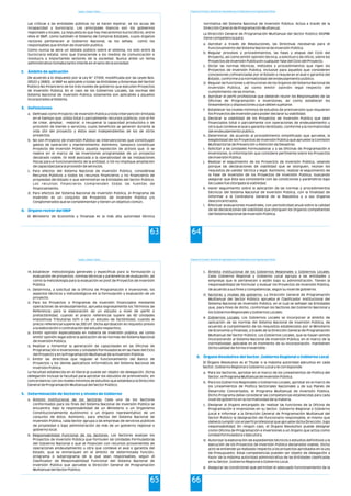 Las críticas a las entidades públicas no se hacen esperar, se los acusa de
incapacidad y burocracia. Los principales blancos son los gobiernos
regionales y locales. La respuesta es que hay mecanismos burocráticos, entre
ellos el SNIP, como también el Sistema de Compras Estatales, cuyos órganos
rectores pertenecen al Gobierno Nacional, se los señala como los
responsables que limitan de inversión publica.
Como nunca se abre un debate público sobre el sistema, no solo entre la
burocracia estatal, sino que transciende a los medios de comunicación e
involucra a importantes sectores de la sociedad. Nunca antes un tema
administrativo tomaba tanto interés en el seno de la sociedad.
De acuerdo a lo dispuesto por la Ley Nº 27293, modificada por las Leyes Nos.
28522 y 28802, el SNIP es aplicable a todas las Entidades y Empresas del Sector
Público No Financiero de los tres niveles de gobierno que ejecuten Proyectos
de Inversión Pública. En el caso de los Gobiernos Locales, las normas del
Sistema Nacional de Inversión Pública, solamente son aplicables a aquellos
incorporados al Sistema.
2. Ámbito de aplicación
3. Definiciones
4. Órgano rector del SNIP
a. Defínase como Proyecto de Inversión Pública a toda intervención limitada
en el tiempo que utiliza total o parcialmente recursos públicos, con el fin
de crear, ampliar, mejorar, o recuperar la capacidad productora o de
provisión de bienes o servicios; cuyos beneficios se generen durante la
vida útil del proyecto y éstos sean independientes de los de otros
proyectos.
b. No son Proyecto de Inversión Pública las intervenciones que constituyan
gastos de operación y mantenimiento. Asimismo, tampoco constituye
Proyecto de Inversión Pública aquella reposición de activos que: (i) se
realice en el marco de las inversiones programadas de un proyecto
declarado viable; (ii) esté asociada a la operatividad de las instalaciones
físicas para el funcionamiento de la entidad; o (iii) no implique ampliación
de capacidad para la provisión de servicios.
c. Para efectos del Sistema Nacional de Inversión Pública, considérese
Recursos Públicos a todos los recursos financieros y no financieros de
propiedad del Estado o que administran las Entidades del Sector Público.
Los recursos financieros comprenden todas las fuentes de
financiamiento.
d. Para efectos del Sistema Nacional de Inversión Pública, el Programa de
Inversión es un conjunto de Proyectos de Inversión Pública y/o
Conglomerados que se complementan y tienen un objetivo común.
El Ministerio de Economía y Finanzas es la más alta autoridad técnica
Estado y Gestión Pública
63
Programa de Formación: Desarrollo de Capacidades para el Fortalecimiento de las Organizaciones Políticas
64
normativa del Sistema Nacional de Inversión Pública. Actúa a través de la
Dirección General de Programación Multianual.
La Dirección General de Programación Multianual del Sector Público (DGPM)
tiene competencia para:
a. Aprobar a través de Resoluciones, las Directivas necesarias para el
funcionamiento del Sistema Nacional de Inversión Pública.
b. Regular procesos y procedimientos, las fases y etapas del Ciclo del
Proyecto, así como emitir opinión técnica, a solicitud o de oficio, sobre los
Proyectos de Inversión Pública en cualquier fase del Ciclo del Proyecto.
c. Dictar las normas técnicas, métodos y procedimientos que rigen los
Proyectos de Inversión Pública, inclusive para aquellos que consideren
concesiones cofinanciadas por el Estado o requieran el aval o garantía del
Estado, conforme a la normatividad del endeudamiento público.
d. Regular las funciones y atribuciones de los órganos del Sistema Nacional de
Inversión Pública, así como emitir opinión legal respecto del
cumplimiento de las mismas.
e. Aprobar el perfil profesional que deberán reunir los Responsables de las
Oficinas de Programación e Inversiones, así como establecer los
lineamientos y disposiciones a que deben sujetarse.
f. Establecer los niveles mínimos de estudios de preinversión que requieren
los Proyectos de Inversión para poder declarar su viabilidad.
g. Declarar la viabilidad de los Proyectos de Inversión Pública que sean
financiados total o parcialmente con operaciones de endeudamiento u
otra que conlleve el aval o garantía del Estado, conforme a la normatividad
del endeudamiento público.
h. Determinar, de acuerdo al procedimiento simplificado que apruebe, la
elegibilidad de los Proyectos de Inversión Pública que apruebe la Comisión
Multisectorial de Prevención y Atención de Desastres.
i. Solicitar a las Unidades Formuladoras y a las Oficinas de Programación e
Inversiones, la información que considere pertinente sobre los Proyectos
de Inversión Pública.
j. Realizar el seguimiento de los Proyectos de Inversión Pública, velando
porque las declaraciones de viabilidad que se otorguen, reúnan los
requisitos de validez técnica y legal. Asimismo, realizar el seguimiento de
la Fase de Inversión de los Proyectos de Inversión Pública, buscando
asegurar que ésta sea consistente con las condiciones y parámetros bajo
las cuales fue otorgada la viabilidad.
k. Hacer seguimiento sobre la aplicación de las normas y procedimientos
técnicos del Sistema Nacional de Inversión Pública, con la finalidad de
informar a la Contraloría General de la República y a sus órganos
desconcentrados.
l. Efectuar evaluaciones muestrales, con periodicidad anual sobre la calidad
de las declaraciones de viabilidad que otorguen los órganos competentes
del Sistema Nacional de Inversión Pública.
Estado y Gestión Pública
65
m. Establecer metodologías generales y específicas para la formulación y
evaluación de proyectos, normas técnicas y parámetros de evaluación, así
como la metodología para la evaluación ex post de Proyectos de Inversión
Pública.
n. Determina, a solicitud de la Oficina de Programación e Inversiones, los
aspectos técnicos y metodológicos en la formulación y evaluación de un
proyecto.
o. Para los Proyectos o Programas de Inversión financiados mediante
operaciones de endeudamiento, aprueba expresamente los Términos de
Referencia para la elaboración de un estudio a nivel de perfil o
prefactibilidad, cuando el precio referencial supere las 60 Unidades
Impositivas Tributarias (UIT) o de un estudio de factibilidad, cuando el
precio referencial supere las 200 UIT. Dicha aprobación es requisito previo
a la elaboración o contratación del estudio respectivo.
p. Emitir opinión especializada en materia de inversión pública; así como
emitir opinión legal sobre la aplicación de las normas del Sistema Nacional
de Inversión Pública.
q. Realizar y fomentar la generación de capacidades en las Oficinas de
Programación e Inversiones y Unidades Formuladoras en las fases del Ciclo
del Proyecto y en la Programación Multianual de la Inversión Pública.
r. Emitir las directivas que regulan el funcionamiento del Banco de
Proyectos y los demás aplicativos informáticos del Sistema Nacional de
Inversión Pública.
La facultad establecida en el literal g) puede ser objeto de delegación. Dicha
delegación incluye la facultad para aprobar los estudios de preinversión, en
concordancia con los niveles mínimos de estudios que establezca la Dirección
General de Programación Multianual del Sector Público.
a. Ámbito Institucional de los Sectores: Cada uno de los Sectores
conformados para los fines del Sistema Nacional de Inversión Pública se
encuentra bajo la responsabilidad de un Ministerio o un Organismo
Constitucionalmente Autónomo o un órgano representativo de un
conjunto de éstos. Asimismo, para efectos del Sistema Nacional de
Inversión Pública, cada Sector agrupa a las empresas de servicios públicos
de propiedad o bajo administración de más de un gobierno regional o
gobierno local.
b. Responsabilidad Funcional de los Sectores: Los Sectores evalúan los
Proyectos de Inversión Pública que formulen las Unidades Formuladoras
del Gobierno Nacional o que se financien con recursos provenientes de
operaciones endeudamiento u otra que conlleve el aval o garantía del
Estado, que se enmarquen en el ámbito de determinada función,
programa o subprograma de la que sean responsables, según el
Clasificador de Responsabilidad Funcional del Sistema Nacional de
Inversión Pública que apruebe la Dirección General de Programación
Multianual del Sector Público.
5. Determinación de Sectores y niveles de Gobierno
Programa de Formación: Desarrollo de Capacidades para el Fortalecimiento de las Organizaciones Políticas
66
c. Ámbito Institucional de los Gobiernos Regionales y Gobiernos Locales:
Cada Gobierno Regional y Gobierno Local agrupa a las entidades y
empresas que le pertenecen o estén bajo su administración. Tienen la
responsabilidad de formular y evaluar los Proyectos de Inversión Pública,
de acuerdo a sus fines y competencias, según su nivel de gobierno.
d. Sectores y niveles de gobierno: La Dirección General de Programación
Multianual del Sector Público aprueba el Clasificador Institucional del
Sistema Nacional de Inversión Pública, en el cual se señalan las Entidades
que, para fines de dicho, conforman los Sectores del Gobierno Nacional y
los Gobiernos Regionales y Gobiernos Locales:
e. Gobiernos Locales: Los Gobiernos Locales se incorporan al ámbito de
aplicación de las normas del Sistema Nacional de Inversión Pública, de
acuerdo al cumplimiento de los requisitos establecidos por el Ministerio
de Economía y Finanzas, a través de la Dirección General de Programación
Multianual del Sector Público. Los Gobiernos Locales, que se hayan venido
incorporando al Sistema Nacional de Inversión Pública, en el marco de la
normatividad aplicable en el momento de su incorporación, mantienen
dicha calidad de forma irreversible.
El Órgano Resolutivo es el Titular o la máxima autoridad ejecutiva en cada
Sector, Gobierno Regional o Gobierno Local y le corresponde:
a. Para los Sectores, aprobar en el marco de los Lineamientos de Política del
Sector, el Programa Multianual de Inversión Pública.
b. Para los Gobiernos Regionales o Gobiernos Locales, aprobar en el marco de
los Lineamientos de Política Sectoriales Nacionales y de sus Planes de
Desarrollo Concertados, el Programa Multianual de Inversión Pública.
Dicho Programa debe considerar las competencias establecidas para cada
nivel de gobierno en la normatividad de la materia.
c. Designar al órgano encargado de realizar las funciones de la Oficina de
Programación e Inversiones en su Sector, Gobierno Regional o Gobierno
Local e informar a la Dirección General de Programación Multianual del
Sector Público la designación del funcionario responsable, el mismo que
deberá cumplir con el perfil profesional que apruebe dicha Dirección, bajo
responsabilidad. En ningún caso, el Órgano Resolutivo puede designar
como Oficina de Programación e Inversiones a un órgano que actúa como
Unidad Formuladora o Ejecutora.
d. Autorizar la elaboración de expedientes técnicos o estudios definitivos y la
ejecución de los Proyectos de Inversión Pública declarados viables. Dicho
acto se entiende ya realizado respecto a los proyectos aprobados en la Ley
de Presupuesto. Estas competencias pueden ser objeto de delegación a
favor de la máxima autoridad administrativa de las Entidades clasificadas
en su Sector, Gobierno Regional o Gobierno Local.
e. Asegurar las condiciones que permitan el adecuado funcionamiento de la
6. Órgano Resolutivo del Sector, Gobierno Regional o Gobierno Local
 