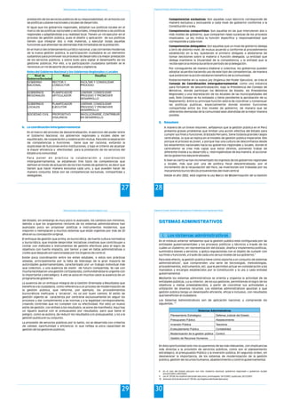 Política Económica, Planeamiento, Desarrollo Regional y Local
28 27
prestación de los servicios públicos de su responsabilidad, en armonía con
las políticas y planes nacionales y locales de desarrollo.
Al igual que los gobiernos regionales, adoptan sus políticas locales en el
marco de las políticas nacionales y sectoriales, integrándose a las políticas
regionales y adaptándolas a su realidad local. Tienen un rol ejecutor en el
proceso de gestión pública, pues el diseño y aplicación de sus políticas
tienen que integrar dos o más materias, y ejecutar todas aquellas
funciones que atiendan las demandas más inmediatas de la población.
En el marco del ordenamiento jurídico nacional, y las corrientes modernas
de la nueva gestión pública, la participación ciudadana es un elemento
sustantivo para promover los procesos de desarrollo y la mejor prestación
de los servicios públicos, y sobre todo para vigilar el desempeño de los
gestores públicos. Por ello, a la participación ciudadana también se le
reconoce un rol de aporte de propuestas y vigilancia.
Roles del Gobierno Nacional y los Gobiernos Regionales y Locales
Nivel de
Gobierno/Sociedad
Roles Desafíos
GOBIERNO
NACIONAL
RECTOR Y
CONDUCTOR
FACILTAR Y CONSOLIDAR
PROCESO
GOBIERNOS
REGIONALES
PLANIFICADOR
ARTICULADOR
LIDERAR, CONSOLIDAR
PROCESO Y PROMOVER
DESARROLLO
GOBIERNOS
LOCALES
PLANIFICADOR
EJECUTOR
LIDERAR, CONSOLIDAR
PROCESO Y PROMOVER
DESARROLLO
SOCIEDAD CIVIL PROPOSITIVO
VIGILANCIA
INVOLUCRARSE, CONTRIBUIR
EN DESARROLLO
En el marco del proceso de descentralización, el ejercicio del poder entre
el Gobierno Nacional, los gobiernos regionales y locales debe ser
equilibrado, de cooperación y colaboración mutua. Para ello la separación
de competencias y funciones tiene que ser racional, evitando la
duplicidad de funciones entre instituciones, y bajo el criterio de alcanzar
la mayor eficiencia y efectividad para la prestación de los servicios del
Estado a la comunidad.
Para poner en práctica la colaboración y coordinación
intergubernamental, se establecen tres tipos de competencias que
definen el modo de actuación de los tres niveles de gobierno, es decir que
tienen que hacer manera exclusiva cada uno, y que pueden hacer de
manera conjunta. Estas son las competencias exclusivas, compartidas y
delegables.
b. La coordinación intergubernamental
Programa de Formación: Desarrollo de Capacidades para el Fortalecimiento de las Organizaciones Políticas
28
Competencias exclusivas: Son aquellas cuyo ejercicio corresponde de
manera exclusiva y excluyente a cada nivel de gobierno conforme a la
Constitución y la ley.
Competencias compartidas: Son aquellas en las que intervienen dos o
más niveles de gobierno, que comparten fases sucesivas de los procesos
implicados. La ley indica la función específica y responsabilidad que
corresponde a cada nivel.
Competencias delegables: Son aquellas que un nivel de gobierno delega
a otro de distinto nivel, de mutuo acuerdo y conforme al procedimiento
establecido en la ley, quedando el primero obligado a abstenerse de
tomar decisiones sobre la materia o función delegada. La entidad que
delega mantiene la titularidad de la competencia, y la entidad que la
recibe ejerce la misma durante el periodo de la delegación.
Por consiguiente de manera bilateral o colectiva, los gobiernos pueden
adoptar acuerdos haciendo uso de este tipo de competencias, de manera
que potencien la acción estatal en beneficio de la comunidad.
Posteriormente en la nueva Ley Orgánica del Poder Ejecutivo, se crea el
Consejo de Coordinación Intergubernamental, como una instancia
para fortalecer de descentralización, bajo la Presidencia del Consejo de
Ministros, donde participan los Ministros de Estado, los Presidentes
Regionales y una represtación de los Alcaldes de las municipalidades del
país. Este Consejo se ha instalado y tiene pendiente la aprobación de su
Reglamento. Entre su principal función está la de coordinar y consensuar
las políticas publicas, especialmente donde existen funciones
compartidas entre los tres niveles de gobierno, de manera que las
diferentes demandas de la comunidad sean atendidas de la mejor manera
posible.
A manera de un breve resumen, señalamos que la gestión pública en el Perú
presenta graves problemas que limitan una acción efectiva del Estado para
cumplir sus fines y funciones. El Estado Peruano, tiene todavía grandes rasgos
centralistas, lo que se replica en el modelo de gestión pública imperante. Ello
porque el proceso es joven, y porque hay una cultura de desconfianza desde
los estamentos nacionales hacia los gobiernos regionales y locales, donde el
centralismo se cree más capaz que estos últimos, poniendo trabas de
diferente índole a su desarrollo y restringiéndose de esa manera, el accionar
de los gobiernos descentralizados.
Si bien es cierto se han incrementado los ingresos de los gobiernos regionales
y locales, más que por una de política fiscal descentralizada, por el
incremento de la recaudación del fisco, las inversiones son trabadas por los
mecanismos burocráticos provenientes del nivel central
Desde el año 2002, está vigente la Ley Marco de Modernización de la Gestión
6. Resumen
Política Económica, Planeamiento, Desarrollo Regional y Local
29
del Estado, sin embargo es muy poco lo avanzado, los cambios son mínimos,
debido a que los organismos rectores de los sistemas administrativos han
avanzado poco en proponer políticas e instrumentos modernos, que
mejoren o reemplacen a muchos sistemas que están vigentes por más de 20
años en su concepción original.
El enfoque de gestión que prima, es burocrática, de fuerte cultura normativa
y burocrática, que impide desarrollar iniciativas creativas que contribuyan a
contar con métodos e instrumentos de gestión efectivos para el logro de
objetivos con fuerte impacto, por temor a caer en faltas administrativas o
civiles que después son sancionadas por los órganos de control.
Existe poca coordinación entre los entes estatales, o estos son prácticas
aisladas, principalmente por la falta de liderazgo de la gran mayoría de
autoridades gubernamentales, caracterizado por un trabajo individual más
que colectivo, y una ausencia de visión de futuro compartida. Se cae con
mucha facilidad en una gestión cortoplacista, confundiéndose lo urgente con
lo importante y estratégico. A ello se aúna en muchos casos la ausencia de un
programa de gobierno.
La ausencia de un enfoque integral de la Gestión Orientada a Resultados que
beneficie a la ciudadanía, como referencia a un proceso de modernización de
la gestión pública, que reforme, por ejemplo, los procedimientos
burocráticos ineficaces y “arcaicos”, no va por buen camino. El estilo de
gestión vigente se caracteriza por centrarse exclusivamente en seguir los
procesos y dar cumplimiento a las normas y a la legalidad correspondiente,
creando controles que no cumplen con su efectividad. Por esto un nuevo
estilo de gestión, con énfasis a los resultados, se pone de manifiesto. Aquí hay
un liguero avance con el presupuesto por resultados, pero que tiene el
peligro, como se avizora, de reducir los resultados a lo presupuestal, y no a la
gestión publica en su conjunto.
La provisión de servicios públicos por lo tanto, no se desarrolla con criterios
de calidad, oportunidad y eficiencia; lo que refleja la poca capacidad de
gestión de los gestores públicos.
Programa de Formación: Desarrollo de Capacidades para el Fortalecimiento de las Organizaciones Políticas
30
30
SISTEMAS ADMINISTRATIVOS
I. Los sistemas administrativos
En el módulo anterior señalamos que la gestión pública está configurada por las
entidades gubernamentales y los procesos políticos y técnicos a través de los
cuáles un Gobierno, en representación del Estado, diseña e implementa políticas,
suministra bienes y servicios, y aplica regulaciones con el objeto de cumplir con
8
sus fines y funciones, a través de cada uno de sus niveles de sus gobierno.
Para este efecto, la gestión pública tiene como soporte a un conjunto de sistemas
9
administrativos , que comprenden una serie de tecnologías, metodologías,
procedimientos, instrumentos, etc. que le permiten actuar en consideración a los
mandatos y encargos establecidos por la Constitución y la Ley a cada entidad
gubernamental.
Mediante los sistemas administrativos se orienta y organiza la actividad de las
entidades públicas, y a su interior, de los sus gestores, permitiendo el logro de los
objetivos y metas preestablecidos, a partir de coordinar sus actividades y
utilización de diversos recursos. Los sistemas administrativos apuntan a que
gestión pública tenga un desempeño eficiente, eficaz e inclusivo, con resultados
que beneficien al ciudadano.
Los Sistemas Administrativos son de aplicación nacional, y comprende los
10
siguientes :
En ésta oportunidad solo nos ocuparemos de las más relevantes, con implicancias
más directas a la provisión de servicios públicos, como son el planeamiento
estratégico, el presupuesto Público y la inversión pública. En segundo orden, sin
desmerecer la importancia, de los sistemas de modernización de la gestión
pública, gestión de recursos humanos, abastecimiento y control gubernamental.
Sistemas Administrativos
Planeamiento Estratégico Defensa Judicial del Estado
Presupuesto Público Abastecimiento
Inversión Pública Tesorería
Endeudamiento Público Contabilidad
Modernización de la gestión pública Control.
Gestión de Recursos Humanos
8 En el caso del Estado peruano son tres: Gobierno Nacional, gobiernos regionales y gobiernos locales
(provinciales y distritales.
9 Ley N° 29158, ley orgánica del poder ejecutivo, promulgada: 19/12/2007, publicada: 20/12/2007.
10 Artículos 43 al 46 de la Ley N° 29158, Ley Orgánica del Poder Ejecutivo.
 