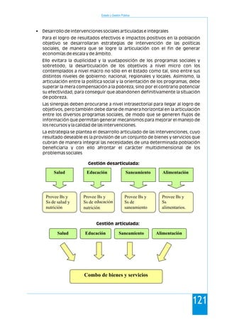 Estado y Gestión Pública
121
• Desarrollo de intervenciones sociales articuladas e integrales
Para el logro de resultados efectivos e impactos positivos en la población
objetivo se desarrollaran estrategias de intervención de las políticas
sociales, de manera que se logre la articulación con el fin de generar
economías de escala y de ámbito.
Ello evitara la duplicidad y la yuxtaposición de los programas sociales y
sobretodo, la desarticulación de los objetivos a nivel micro con los
contemplados a nivel macro no sólo en el Estado como tal, sino entre sus
distintos niveles de gobierno: nacional, regionales y locales. Asimismo, la
articulación entre la política social y la orientación de los programas, debe
superar la mera compensación a la pobreza, sino por el contrario potenciar
su efectividad, para conseguir que abandonen definitivamente la situación
de pobreza.
Las sinergias deben procurarse a nivel intrasectorial para llegar al logro de
objetivos, pero también debe darse de manera horizontal en la articulación
entre los diversos programas sociales, de modo que se generen flujos de
información que permitan generar mecanismos para mejorar el manejo de
los recursos y la calidad de las intervenciones.
La estrategia se plantea el desarrollo articulado de las intervenciones, cuyo
resultado deseable es la provisión de un conjunto de bienes y servicios que
cubran de manera integral las necesidades de una determinada población
beneficiaria y con ello afrontar el carácter multidimensional de los
problemas sociales
Gestión desarticulada:
Salud Educación Saneamiento Alimentación
Provee Bs y
Ss de salud y
nutrición
Provee Bs y
Ss de educación
nutrición
Provee Bs y
Ss
alimentarios.
Provee Bs y
Ss de
saneamiento
AlimentaciónSaneamientoEducaciónSalud
Combo de bienes y servicios
Gestión articulada:
 