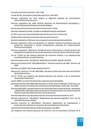 Estado y Gestión Pública
135
Constitución Política del Perú. Año 1993.
Ley No 29158, Ley Orgánica del Poder Ejecutivo. Año 2007.
Decreto Legislativo No 1057, Regula el Régimen Especial de Contratación
Administrativa de Servicios.
Decreto Legislativo No 1088, Sistema Nacional de Planeamiento Estratégico y
Centro Nacional de Planeamiento Estratégico.
Nueva Ley de Procedimientos Administrativos Nº 27444
Decreto Legislativo 27658, Ley Marco de Modernización del Estado.
DL 1023, que crea la Autoridad Nacional del Servicio Civil, rectora del
Sistema Administrativo de Gestión de recursos humanos.
Decreto Legislativo 1024 que crea y regula el cuerpo de gerentes públicos.
Decreto Legislativo 1026 que establece un régimen especial facultativo para que
gobiernos regionales y locales implementen procesos de modernización
institucional integral.
Decreto Legislativo 1088.sobre fortalecimiento institucional y modernización del
Estado para la agilización de los procesos de promoción de la inversión privada.
Ley Nº 27293 Ley del Sistema Nacional de Inversión Pública y sus disposiciones
complementarias y modificatorias.
Decreto Supremo No. 102-2007-EF. Reglamento del SNIP. Agosto del 2007.
Resolución Directoral N° 002-2009-EF/68.01. Directiva General del SNIP. Febrero de
2009
Decreto Ley 22056: Sistema de Abastecimiento.
Resolución Jefatural 118- 80- INAP/DNA. Aprueba las Normas Generales del Sistema
de Abastecimiento
Ley N° 27785 Ley Orgánica del Sistema Nacional de control y de la Contraloría
General de la República
Ley Nº 26850 -Ley de Contrataciones y Adquisiciones del Estado.
Decreto Supremo 083-2004-PCM Aprueba el Texto Único Ordenado (TUO) de la Ley
26850, Ley de Contrataciones y Adquisiciones del Estado. Publicado. Año 2004.
Directiva 005-2003- Consejo Superior de Contrataciones y Adquisiciones del Estado
- CONSUCODE / PRE Regula el procedimiento de elaboración y el contenido de los
Planes Anuales de Adquisiciones y Contrataciones.
Decreto legislativo que aprueba la ley de contrataciones del estado DL 1017.
Decreto supremo N° 184-2008-ef. Reglamento del decreto legislativo 1017, ley de
contrataciones del estado.
Decreto supremo N° 006-2009-ef. Aprueban reglamento de organización y
funciones del organismo supervisor de contrataciones del estado
Ley General del Sistema Nacional de Presupuesto, Ley 28411
Ley Orgánica del Sistema Nacional de Control y de la Contraloría General de la
 