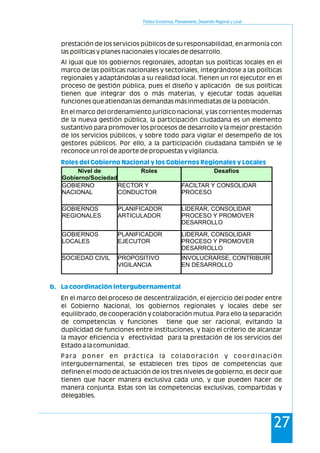 Política Económica, Planeamiento, Desarrollo Regional y Local
28 27
prestación de los servicios públicos de su responsabilidad, en armonía con
las políticas y planes nacionales y locales de desarrollo.
Al igual que los gobiernos regionales, adoptan sus políticas locales en el
marco de las políticas nacionales y sectoriales, integrándose a las políticas
regionales y adaptándolas a su realidad local. Tienen un rol ejecutor en el
proceso de gestión pública, pues el diseño y aplicación de sus políticas
tienen que integrar dos o más materias, y ejecutar todas aquellas
funciones que atiendan las demandas más inmediatas de la población.
En el marco del ordenamiento jurídico nacional, y las corrientes modernas
de la nueva gestión pública, la participación ciudadana es un elemento
sustantivo para promover los procesos de desarrollo y la mejor prestación
de los servicios públicos, y sobre todo para vigilar el desempeño de los
gestores públicos. Por ello, a la participación ciudadana también se le
reconoce un rol de aporte de propuestas y vigilancia.
Roles del Gobierno Nacional y los Gobiernos Regionales y Locales
Nivel de
Gobierno/Sociedad
Roles Desafíos
GOBIERNO
NACIONAL
RECTOR Y
CONDUCTOR
FACILTAR Y CONSOLIDAR
PROCESO
GOBIERNOS
REGIONALES
PLANIFICADOR
ARTICULADOR
LIDERAR, CONSOLIDAR
PROCESO Y PROMOVER
DESARROLLO
GOBIERNOS
LOCALES
PLANIFICADOR
EJECUTOR
LIDERAR, CONSOLIDAR
PROCESO Y PROMOVER
DESARROLLO
SOCIEDAD CIVIL PROPOSITIVO
VIGILANCIA
INVOLUCRARSE, CONTRIBUIR
EN DESARROLLO
En el marco del proceso de descentralización, el ejercicio del poder entre
el Gobierno Nacional, los gobiernos regionales y locales debe ser
equilibrado, de cooperación y colaboración mutua. Para ello la separación
de competencias y funciones tiene que ser racional, evitando la
duplicidad de funciones entre instituciones, y bajo el criterio de alcanzar
la mayor eficiencia y efectividad para la prestación de los servicios del
Estado a la comunidad.
Para poner en práctica la colaboración y coordinación
intergubernamental, se establecen tres tipos de competencias que
definen el modo de actuación de los tres niveles de gobierno, es decir que
tienen que hacer manera exclusiva cada uno, y que pueden hacer de
manera conjunta. Estas son las competencias exclusivas, compartidas y
delegables.
b. La coordinación intergubernamental
 