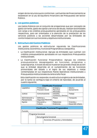 Estado y Gestión Pública
47
origen de los recursos que lo conforman. Las Fuentes de Financiamiento se
establecen en la Ley de Equilibrio Financiero del Presupuesto del Sector
Público.
Los Gastos Públicos son el conjunto de erogaciones que por concepto de
gasto corriente, gasto de capital y servicio de deuda, realizan las Entidades
con cargo a los créditos presupuestarios aprobados en los presupuestos
respectivos, para ser orientados a la atención de la prestación de los
servicios públicos y las acciones desarrolladas por las Entidades de
conformidad con sus funciones y objetivos institucionales.
Los gastos públicos se estructuran siguiendo las Clasificaciones
Institucional, Económica, Funcional Programática y Geográfica.
• La Clasificación Institucional: Agrupa las Entidades que cuentan con
créditos presupuestarios aprobados en sus respectivos Presupuestos
Institucionales.
• La Clasificación Funcional Programático: Agrupa los créditos
presupuestarios desagregados en funciones, programas y
subprogramas. A través de ella se muestran las grandes líneas de acción
que la Entidad desarrolla en el cumplimiento de las funciones
primordiales del Estado y el logro de sus objetivos y metas
contempladas en sus respectivos Planes Operativos Institucionales y
Presupuestos Institucionales durante el año fiscal.
Esta clasificación no responde a la estructura orgánica de las Entidades,
por lo tanto se configura bajo el criterio de tipicidad, de acuerdo al
cuadro siguiente:
e. Los gastos públicos
f. Estructura del Gastos Públicos
Clasificador Funcional
Legislativa Protección y
Previsión Social
Energía y
Recursos
Minerales
Salud y
Saneamiento
Justicia Comunicaciones Industria,
Comercio y Servicios
Trabajo
Administración y
Planeamiento
Defensa y
Seguridad Nacional
Pesca Transporte
Agraria Educación y
Cultura
Relaciones
Exteriores
Vivienda y
Desarrollo Urbano
Clasificador Funcional Programático
Función
Programa funcional
Sub programa funcional
Acciones (Proyectos y Actividades)
 