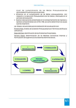 nivel de cumplimiento de las Metas Presupuestarias
(Actividades/Proyectos) para el periodo.
• Eficiencia en el cumplimiento de las Metas presupuestarias, con
respecto a la ejecución Presupuestaria de los Gastos, efectuada en el
periodo de Evaluación.
• Explicar desviaciones presentadas en el comportamiento de ingresos y
egresos comparándolas con el PIA / PIM, así como determinar las causas
que las originaron.
Las Etapas, secuenciales para la realización de la evaluación son:
Primera Fase: Análisis de la Gestión Presupuestaria en Términos de Eficacia
y Eficiencia.
Segunda Fase: Identificación de los Problemas Presentados.
Tercera Etapa: Determinación de las Medidas Correctivas Internas y
Formulación de Sugerencia a los Sistemas Administrativos.
I
PROGRAMACIÓN
VI EVALUACIÓN III APROBACIÓN
V CONTROL
IV
PROGRAMACIÓN
II FORMULACIÓN
PROCESO
PRESUPUESTARIO
64
Estado y Gestión Pública
61
 