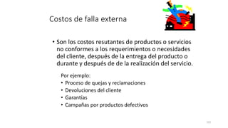 123
Costos de falla externa
• Son los costos resutantes de productos o servicios
no conformes a los requerimientos o necesidades
del cliente, después de la entrega del producto o
durante y después de de la realización del servicio.
Por ejemplo:
• Proceso de quejas y reclamaciones
• Devoluciones del cliente
• Garantías
• Campañas por productos defectivos
 