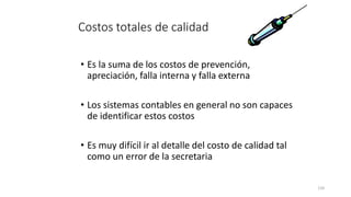 124
Costos totales de calidad
• Es la suma de los costos de prevención,
apreciación, falla interna y falla externa
• Los sistemas contables en general no son capaces
de identificar estos costos
• Es muy difícil ir al detalle del costo de calidad tal
como un error de la secretaria
 