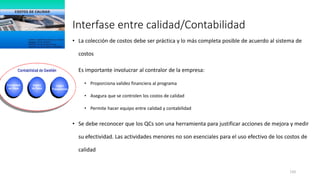 133
Interfase entre calidad/Contabilidad
• La colección de costos debe ser práctica y lo más completa posible de acuerdo al sistema de
costos
• Es importante involucrar al contralor de la empresa:
• Proporciona validez financiera al programa
• Asegura que se controlen los costos de calidad
• Permite hacer equipo entre calidad y contabilidad
• Se debe reconocer que los QCs son una herramienta para justificar acciones de mejora y medir
su efectividad. Las actividades menores no son esenciales para el uso efectivo de los costos de
calidad
 