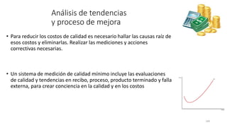 149
Análisis de tendencias
y proceso de mejora
• Para reducir los costos de calidad es necesario hallar las causas raíz de
esos costos y eliminarlas. Realizar las mediciones y acciones
correctivas necesarias.
• Un sistema de medición de calidad mínimo incluye las evaluaciones
de calidad y tendencias en recibo, proceso, producto terminado y falla
externa, para crear conciencia en la calidad y en los costos
 