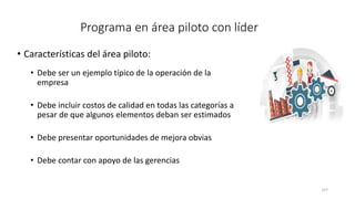 157
Programa en área piloto con líder
• Características del área piloto:
• Debe ser un ejemplo típico de la operación de la
empresa
• Debe incluir costos de calidad en todas las categorías a
pesar de que algunos elementos deban ser estimados
• Debe presentar oportunidades de mejora obvias
• Debe contar con apoyo de las gerencias
 