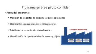 159
Programa en área piloto con líder
• Pasos del programa:
• Medición de los costos de calidad y las bases apropiadas
• Clasificar los costos en sus diferentes categorías
• Establecer cartas de tendencias relevantes
• Identificación de oportunidades de mejora y objetivos
 