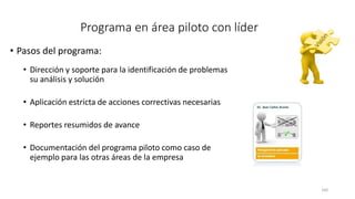 160
Programa en área piloto con líder
• Pasos del programa:
• Dirección y soporte para la identificación de problemas
su análisis y solución
• Aplicación estricta de acciones correctivas necesarias
• Reportes resumidos de avance
• Documentación del programa piloto como caso de
ejemplo para las otras áreas de la empresa
 