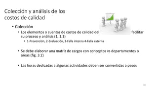 165
Colección y análisis de los
costos de calidad
• Colección
• Los elementos o cuentas de costos de calidad deben codificarse para facilitar
su proceso y análisis (1, 1.1)
• 1-Prevención, 2-Evaluación, 3-Falla interna 4-Falla externa
• Se debe elaborar una matriz de cargos con conceptos vs departamentos o
áreas (fig. 3.2)
• Las horas dedicadas a algunas actividades deben ser convertidas a pesos
 