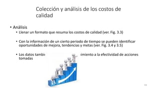 166
Colección y análisis de los costos de
calidad
• Análisis
• Llenar un formato que resuma los costos de calidad (ver. Fig. 3.3)
• Con la información de un cierto periodo de tiempo se pueden identificar
oportunidades de mejora, tendencias y metas (ver. Fig. 3.4 y 3.5)
• Los datos también permitirán dar seguimiento a la efectividad de acciones
tomadas
 