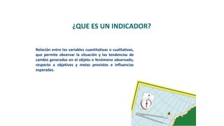 Relación entre las variables cuantitativas o cualitativas,
que permite observar la situación y las tendencias de
cambio generadas en el objeto o fenómeno observado,
respecto a objetivos y metas previstos e influencias
esperadas.
¿QUE ES UN INDICADOR?
 