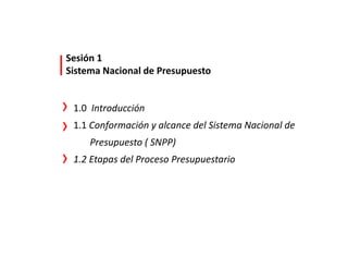 3
Sesión 1
Sistema Nacional de Presupuesto
1.0 Introducción
1.1 Conformación y alcance del Sistema Nacional de
Presupuesto ( SNPP)
1.2 Etapas del Proceso Presupuestario
 