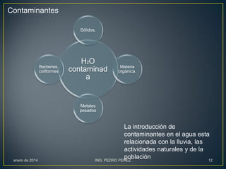 Contaminantes
Sólidos.

Bacterias,
coliformes

H2O
contaminad
a

Materia
orgánica.

Metales
pesados

enero de 2014

La introducción de
contaminantes en el agua esta
relacionada con la lluvia, las
actividades naturales y de la
población
ING. PEDRO PEREZ
12

 