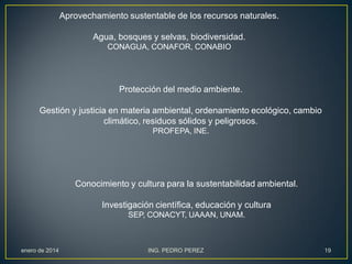 Aprovechamiento sustentable de los recursos naturales.
Agua, bosques y selvas, biodiversidad.
CONAGUA, CONAFOR, CONABIO

Protección del medio ambiente.
Gestión y justicia en materia ambiental, ordenamiento ecológico, cambio
climático, residuos sólidos y peligrosos.
PROFEPA, INE.

Conocimiento y cultura para la sustentabilidad ambiental.
Investigación científica, educación y cultura
SEP, CONACYT, UAAAN, UNAM.

enero de 2014

ING. PEDRO PEREZ

19

 
