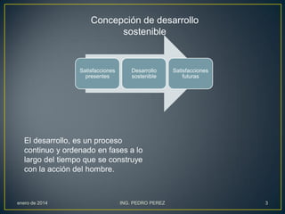 Concepción de desarrollo
sostenible

Satisfacciones
presentes

Desarrollo
sostenible

Satisfacciones
futuras

El desarrollo, es un proceso
continuo y ordenado en fases a lo
largo del tiempo que se construye
con la acción del hombre.

enero de 2014

ING. PEDRO PEREZ

3

 