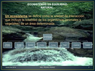 ECOSISTEMAS EN EQUILIBRIO
NATURAL.

Un ecosistema se define como la unidad de interacción
que incluye la totalidad de los organismos (animales y
vegetales) de un área determinada.

Ecosistemas
en el mundo

Bosque
templado

enero de 2014

Bosque
tropical

Desierto

Pradera

Tundra

ING. PEDRO PEREZ

Taiga

Chaparral

Océano

7

 