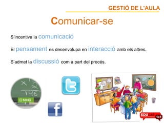 GESTIÓ DE L'AULA

                  Comunicar-se
S’incentiva la comunicació

El pensament es desenvolupa en interacció amb els altres.

S’admet la discussió com a part del procés.
 