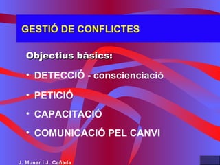 GESTIÓ DE CONFLICTES
Objectius bàsics:Objectius bàsics:
• DETECCIÓ - conscienciació
• PETICIÓ
• CAPACITACIÓ
• COMUNICACIÓ PEL CANVI
J. Muner i J. Cañada
 