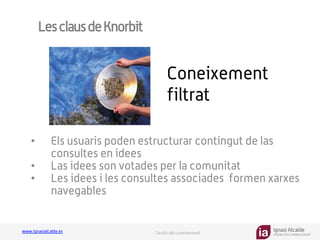 Ignasi Alcalde
KNOWLEDGE MANAGEMENT
www.ignasialcalde.es Gestió del coneixement
LesclausdeKnorbit
•  Els usuaris poden estructurar contingut de las
consultes en idees
•  Las idees son votades per la comunitat
•  Les idees i les consultes associades formen xarxes
navegables
Coneixement
filtrat
 