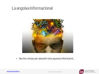 Ignasi Alcalde
KNOWLEDGE MANAGEMENT
www.ignasialcalde.es Gestió del coneixement
Laangoixainformacional
GESTIÓN	
  DE	
  LA	
  CARGA	
  
COGNTIVA	
  
•  No tinc temps per absorbir tota aquesta informació...
 