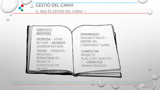 GESTIÓ DEL CANVI
6. QUE ÈS GESTIÓ DEL CANVI ?
Página 8
DESPESSA – SENSE
RETORN / INVERSIÓ –
GENEREM RETORN
TECNIC – OPERATIU –
PROCESOS /
ESTRATEGIA DE
PROJECTE –
ESTRATEGIA DE
NEGOCI
DINAMIQUES –
SENSIBILITZACIÓ /
GESTIÓ DEL
COMPONENT HUMA
VERITATS I
MENTIDES
COMPLETAR
PROJECTE
PLAÇ,COST,QUALITA
T / LIDERATGE -
TRANSFORMACIO
 
