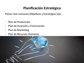Planiﬁcación	
  Estratégica	
  
Planes	
  mas	
  comunes	
  (Obje%vos	
  y	
  Estrategias	
  l/p):	
  
	
  
-­‐  Plan	
  de	
  Producción	
  
-­‐  Plan	
  de	
  Inversión	
  y	
  Financiación	
  
-­‐  Plan	
  de	
  Marke%ng	
  
-­‐  Plan	
  de	
  Recursos	
  Humanos.	
  
 