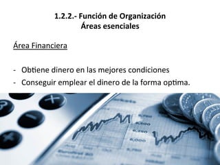 1.2.2.-­‐	
  Función	
  de	
  Organización	
  
Áreas	
  esenciales	
  
Área	
  Financiera	
  
	
  
-­‐  Ob%ene	
  dinero	
  en	
  las	
  mejores	
  condiciones	
  
-­‐  Conseguir	
  emplear	
  el	
  dinero	
  de	
  la	
  forma	
  op%ma.	
  
 
