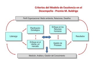Criterios del Modelo de Excelencia en el
Desempeño - Premio M. Baldrige
Medición, Análisis y Gestión del Conocimiento
Perfil Organizacional: Medio ambiente, Relaciones, Desafíos
Planificación
Estratégica
Enfoque en los
Recursos
Humanos
Enfoque en el
cliente y el
mercado
Gestión de
Procesos
Liderazgo Resultados
 