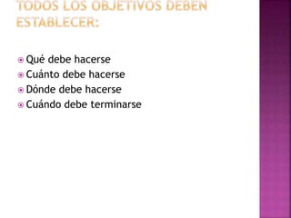  Qué debe hacerse
 Cuánto debe hacerse
 Dónde debe hacerse
 Cuándo debe terminarse
 