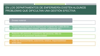 EN LOS DEPARTAMENTOS DE ENFERMERÍA EXISTEN ALGUNOS
PROBLEMAS QUE DIFICULTAN UNA GESTIÓN EFECTIVA

Escaso material
Personal compuesto en su mayoría por mujeres las cuales llevan
a cabo diferentes roles (madre, esposa, profesional, etc)
Rotación del personal, ausentismo del personal, falta de
educación en situaciones desfavorables
Falta de reconocimiento, autonomía, estatus, responsabilidad
entre otros

 