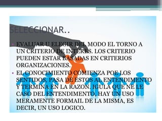 SELECCIONAR..
• EVALUAR U ELEGIR DEL MODO EL TORNO A
UN CRITERIO DE INTERES. LOS CRITERIO
PUEDEN ESTAR BASADAS EN CRITERIOS
ORGANIZACIONES.
• EL CONOCIMIENTO COMIENZA POE LOS
SENTIDOS, PASA DE ESTOS AL ENTENDIMENTO
Y TERMINA EN LA RAZON. IGULA QUE NE LE
CASO DEL ENTENDIMENTO, HAY UN USO
MERAMENTE FORMAIL DE LA MISMA, ES
DECIR, UN USO LOGICO.
 
