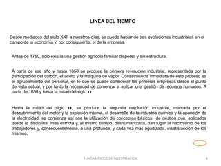 A partir de ese año y hasta 1850 se produce la primera revolución industrial, representada por la
participación del carbón, el acero y la maquina de vapor. Consecuencia inmediata de este proceso es
el agrupamiento del personal, en lo que se puede considerar las primeras empresas desde el punto
de vista actual, y por tanto la necesidad de comenzar a aplicar una gestión de recursos humanos. A
partir de 1850 y hasta la mitad del siglo xx
FUNDAMENTOS DE INVESTIGACION 8
Hasta la mitad del siglo xx, se produce la segunda revolución industrial, marcada por el
descubrimiento del motor y la explosión interna, el desarrollo de la industria química y la aparición de
la electricidad, se comienza así con la utilización de conceptos básicos de gestión que, aplicados
desde la disciplina mas estricta y, al mismo tiempo, deshumanizada, dan lugar al nacimiento de los
trabajadores y, consecuentemente, a una profunda, y cada vez mas agudizada, insatisfacción de los
mismos.
Desde mediados del siglo XXII a nuestros días, se puede hablar de tres evoluciones industriales en el
campo de la economía y, por consiguiente, el de la empresa.
Antes de 1750, solo existía una gestión agrícola familiar dispersa y sin estructura.
LINEA DEL TIEMPO
 