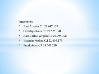 Integrantes:
• José Álvarez C.I 24.647.107
• Omerbys Riera C.I 23.525.190
• Juan Carlos Vergara C.I 20.798.396
• Iskander Molina C.I 22.609.179
• Frank Arias C.I 19.647.210
 