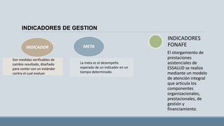 INDICADORES DE GESTION
Son medidas verificables de
cambio resultado, diseñado
para contar con un estándar
contra el cual evaluar.
INDICADOR
La meta es el desempeño
esperado de un indicador en un
tiempo determinado.
META
El otorgamiento de
prestaciones
asistenciales de
ESSALUD se realiza
mediante un modelo
de atención integral
que articula los
componentes
organizacionales,
prestacionales, de
gestión y
financiamiento.
INDICADORES
FONAFE
 