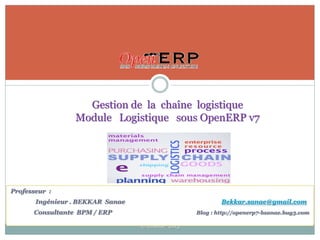 Gestion de la chaîne logistique
Module Logistique sous OpenERP v7

Professeur :
Ingénieur . BEKKAR Sanae

Bekkar.sanae@gmail.com

Consultante BPM / ERP

Blog : http://openerp7-bsanae.bug3.com
© B.Sanae 2013

1

 