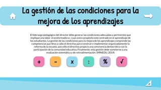 La gestión de las condiciones para la
mejora de los aprendizajes
El liderazgo pedagógico del director debe generar las condiciones adecuadas y pertinentes que
implique una labor «transformadora»; cuyo único propósito este centrado en el aprendizaje de
los estudiantes. La gestión de las condiciones para la mejora de los aprendizajes comprende las
competencias que lleva a cabo el directivo para construir e implementar organizadamente la
reforma de la escuela; para ello el directivo propicia una convivencia democrática con la
participación de la comunidad educativa. Finalmente, esta gestión debe someterse a una
evaluación sistemática y de retroalimentación. (MINEDU, 2014)
+ - x : % √
 