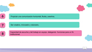 Propiciar una comunicación horizontal, fluida y asertiva.
Ser creativo, innovador y visionario.
Capacidad de escucha y del trabajo en equipo, delegando funciones para un fin
institucional.
6
7
8
 