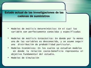• Modelos de Análisis Determinístico: En el cual las
variable son perfectamente conocidas y especificadas
• Modelos de Análisis Estocástico: En donde por lo menos
una de las variables es desconocida, y se asume seguir
una distribución de probabilidad particular.
• Modelos Económicos: En los cuales se estudian modelos
en donde la relación costo-beneficio representa el
objetivo fundamental del estudio.
• Modelos de Simulación
Estado actual de las investigaciones de las
cadenas de suministros
 