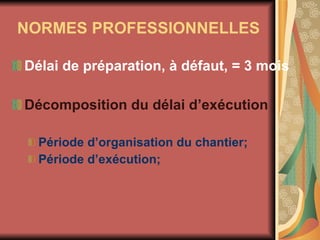 NORMES PROFESSIONNELLES Délai de préparation, à défaut, = 3 mois Décomposition du délai d’exécution Période d’organisation du chantier; Période d’exécution; 
