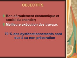 OBJECTIFS Bon déroulement économique et social du chantier; Meilleure exécution des travaux 70 % des dysfonctionnements sont dus à sa non préparation 