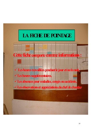 LAFICHE DE POINTAGE
CetteficheCettefichecomportecomportecommeinformations:commeinformations:
Lesheurestravailléespendantlejouret/oulanuit,Lesheurestravailléespendantlejouret/oulanuit,
Lesheuressupplémentaires,Lesheuressupplémentaires,
Lesabsencespourmaladies,congésouaccidents,Lesabsencespourmaladies,congésouaccidents,
LesobservationsetappréciationsduchefdechantierLesobservationsetappréciationsduchefdechantier
34
 