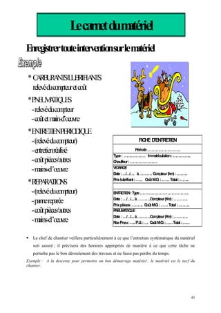 Lecarnetdumatériel
Enregistrertouteinterventionsurlematériel
*CARBURANTS/LUBRIFIANTS
relevéducompteuretcoût
*PNEUMATIQUES
-relevéducompteur
-coûtetmain-d’oeuvre
*ENTRETIENPERIODIQUE
-(relevéducompteur)
-entretienréalisé
-coûtpièces/autres
-mains-d’oeuvre
*REPARATIONS
-(relevéducompteur)
-pannereparée
-coûtpièces/autres
-mains-d’oeuvre
FICHE D'ENTRETIEN
Période…………………………….
Type: …………………. Immatriculation:……………...
Chauffeur:……………………….
VIDANGE
Date:…/…/…. à…………. Compteur(km):………..
Prixlubrifiant:……. CoûtM.O. :.……. Total :……...
ENTRETIEN:Type…………………………………………..
Date:…./…/... à…………Compteur(Km):…………..
Prixpièces:……….. CoûtM.O. :……. Total :………..
PNEUMATIQUE
Date:…./…/... à…………Compteur(Km):…………..
NbePneu:….. P.U. :…. CoûtM.O. :……Total :……
Le chef de chantier veillera particulièrement à ce que l’entretien systématique du matériel
soit assuré ; il précisera des horaires appropriés de manière à ce que cette tâche ne
perturbe pas le bon déroulement des travaux et ne fasse pas perdre du temps.
Exemple : A la descente pour permettre un bon démarrage matériel : le matériel est le nerf du
chantier.
43
 