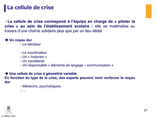© INHESJ 2010
La cellule de crise
 La cellule de crise correspond à l’équipe en charge de « piloter la
crise » au sein de l’établissement scolaire : elle se matérialise au
travers d’une chaîne solidaire plus que par un lieu dédié
 Un noyau dur
- Le décideur
- Le coordinateur
- Un « historien »
- Un secrétariat
- Un responsable « éléments de langage – communication »
 Une cellule de crise à géométrie variable
En fonction du type de la crise, des experts peuvent venir renforcer le noyau
dur
- Médecins, psychologues
- …
21
 