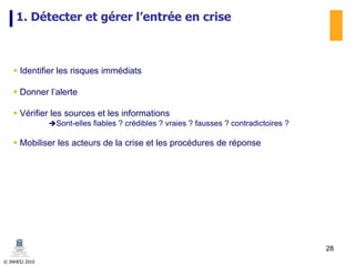 © INHESJ 2010
1. Détecter et gérer l’entrée en crise
 Identifier les risques immédiats
 Donner l’alerte
 Vérifier les sources et les informations
Sont-elles fiables ? crédibles ? vraies ? fausses ? contradictoires ?
 Mobiliser les acteurs de la crise et les procédures de réponse
28
 